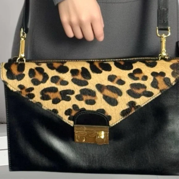 Rare Italian Vittoria Napoli Leather & Calf Hair Leopard Crossbody Bag - Picture 2 of 6
